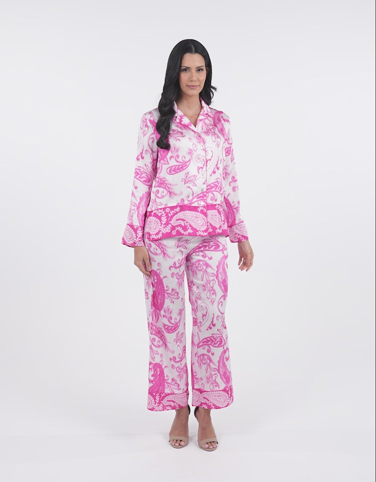 Satin Long-Sleeve Shirt with Pants Pajama Set in White