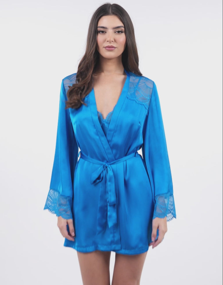 Satin Short Robe in Blue