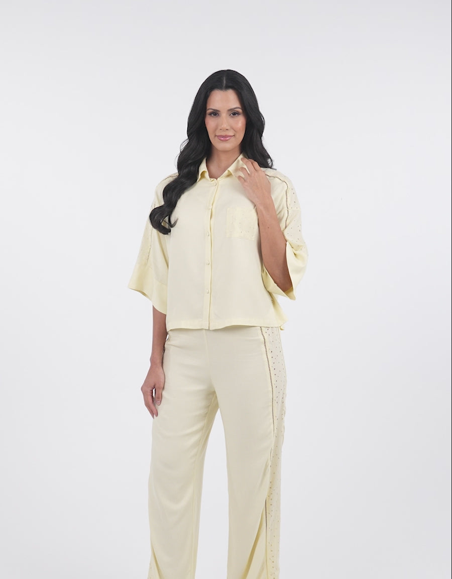 Midi-Sleeve Shirt with Pants Pajama Set in Yellow