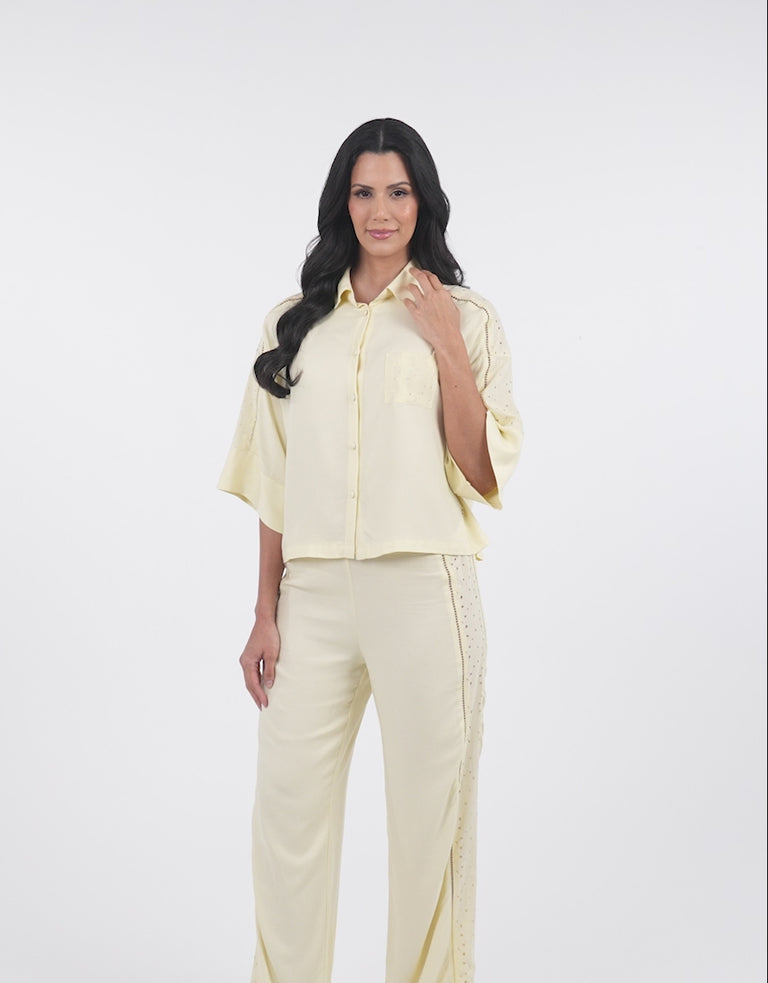 Midi-Sleeve Shirt with Pants Pajama Set in Yellow