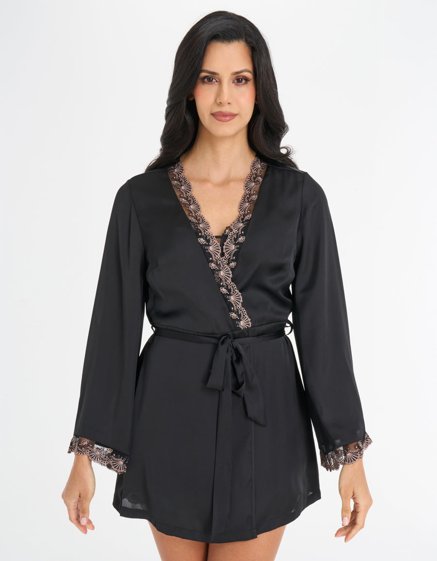 Lace-Trim Satin Short Robe