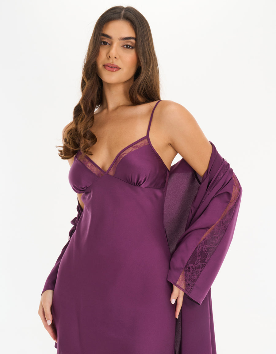 Satin Short Nightdress and Robe in Dark Purple