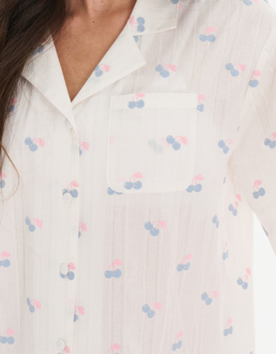 Cotton Midi-Sleeve Shirt with Pants Pajama Set in White