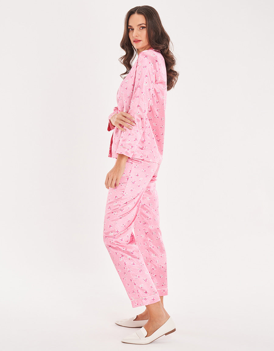 Pink Floral Short-Sleeve Long Pajama Set