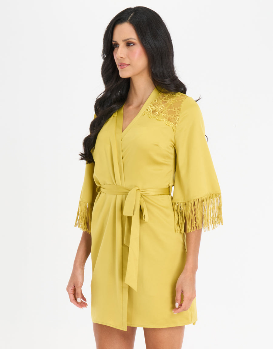 Fringed Satin Short Dress and Robe Set
