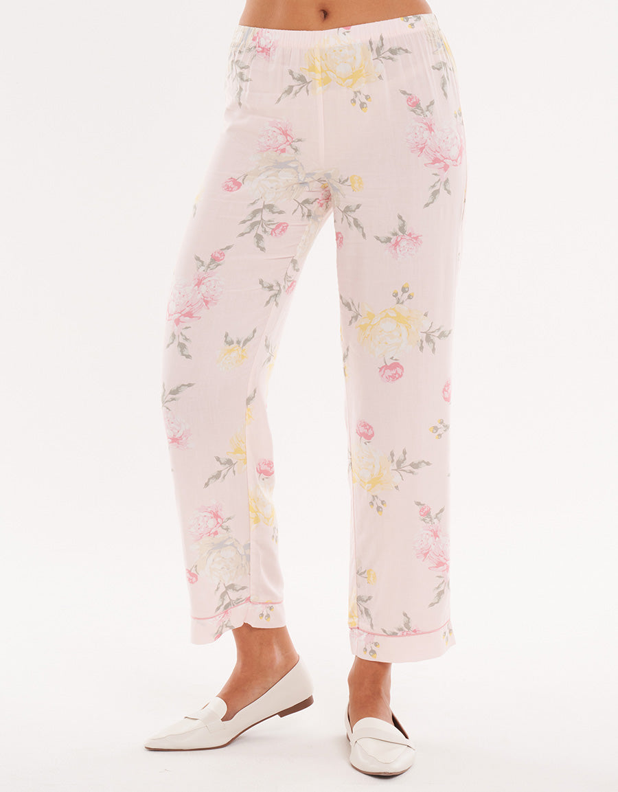 Light Pink Floral Woven Short-Sleeve Long Pajama Set