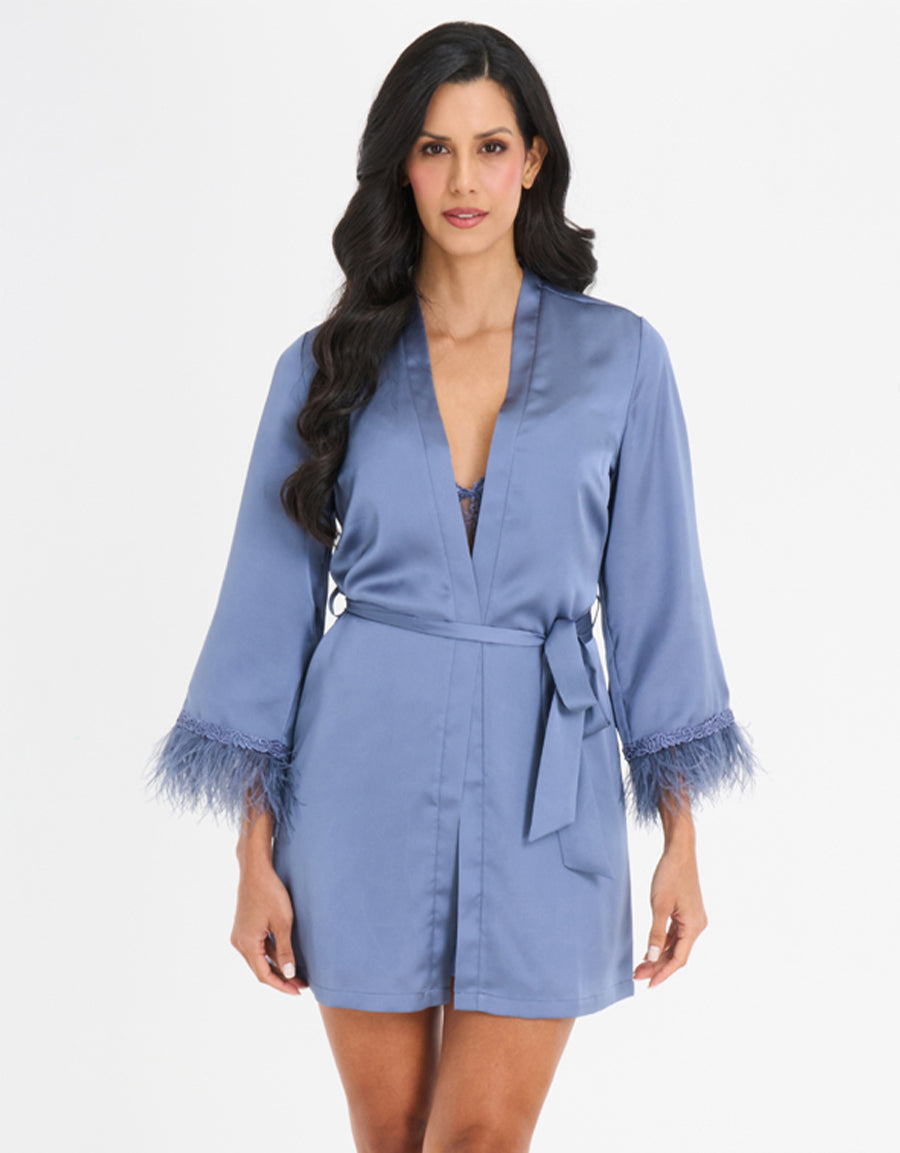 Feather-Trim Lace Short Dress and Robe Set