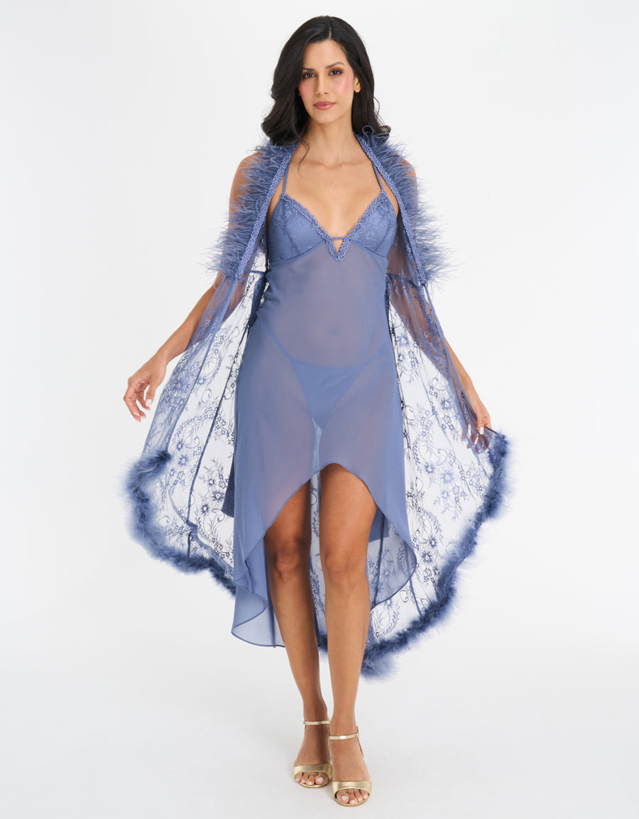 Feather-Trim Lace Long Dress