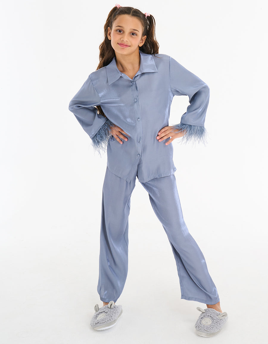 Feather Trim Long Sleeve Pajama Set