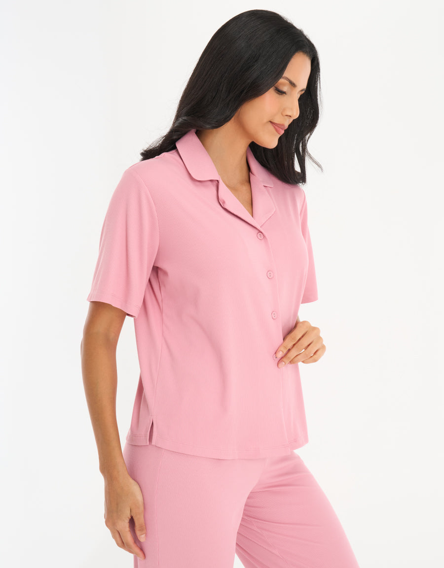 Ribbed Short-Sleeve Shirt with Pants Pajama Set in Pink
