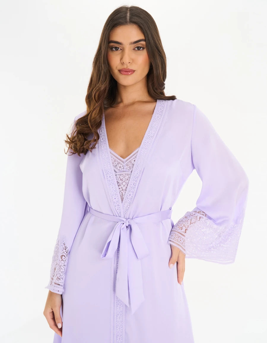 Lace-Trim Satin Long Robe