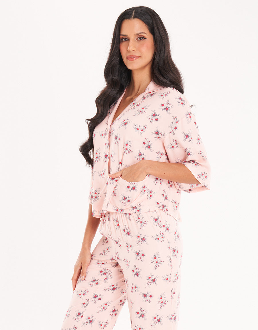 Light Pink Floral Short-Sleeve Long Pajama Set