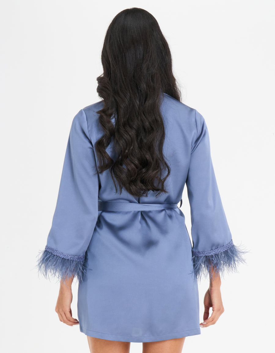 Feather-Trim Lace Short Dress and Robe Set